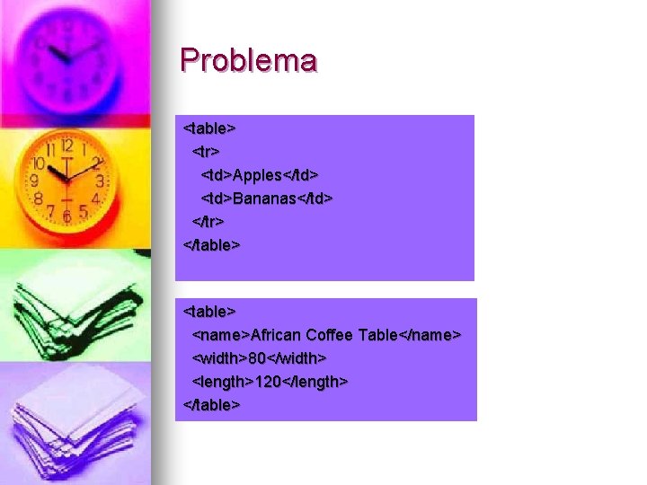 Problema <table> <tr> <td>Apples</td> <td>Bananas</td> </tr> </table> <name>African Coffee Table</name> <width>80</width> <length>120</length> </table> 