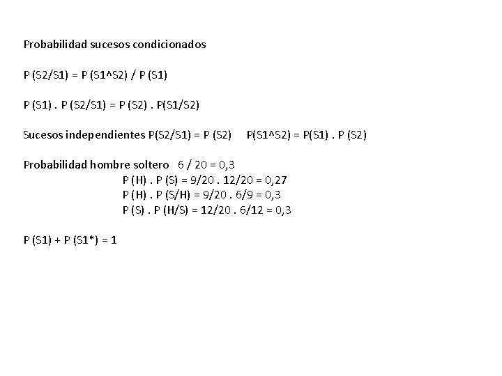 Probabilidad sucesos condicionados P (S 2/S 1) = P (S 1^S 2) / P