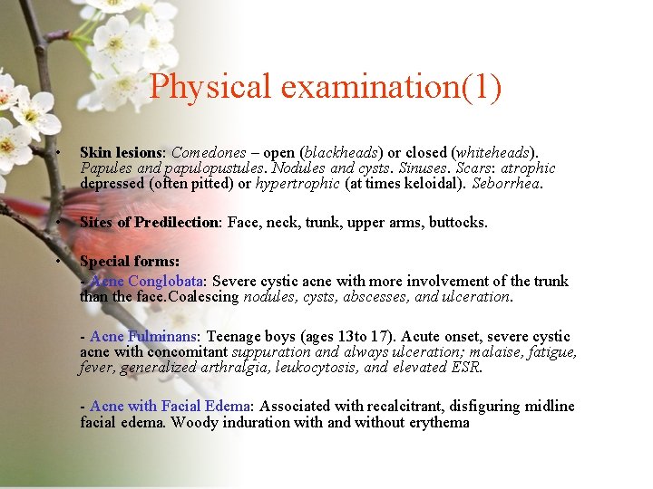 Physical examination(1) • Skin lesions: Comedones – open (blackheads) or closed (whiteheads). Papules and