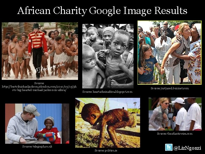 African Charity Google Image Results Source: http: //bestofmichaeljackson. jclondon. com/2010/05/15/ph oto-big-hearted-michael-jackson-in-africa/ Source: justjared. buzznet.