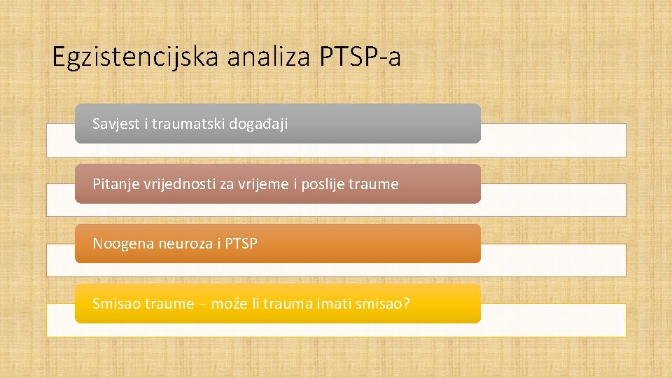 Egzistencijska analiza PTSP-a Savjest i traumatski događaji Pitanje vrijednosti za vrijeme i poslije traume