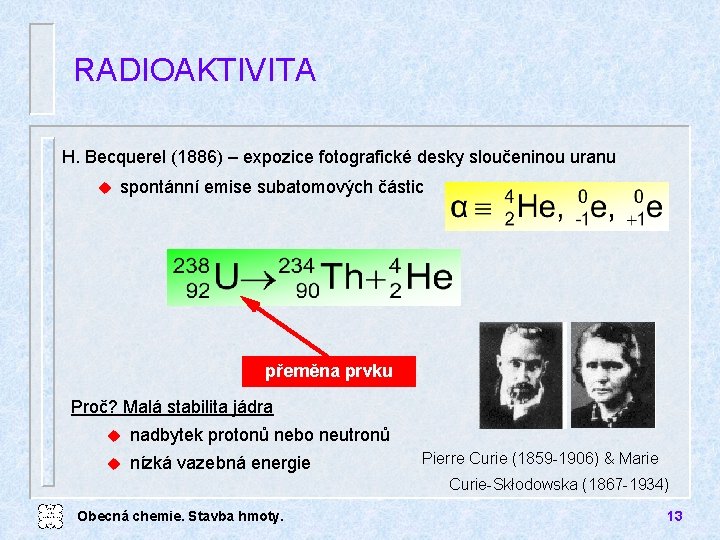 RADIOAKTIVITA H. Becquerel (1886) – expozice fotografické desky sloučeninou uranu u spontánní emise subatomových
