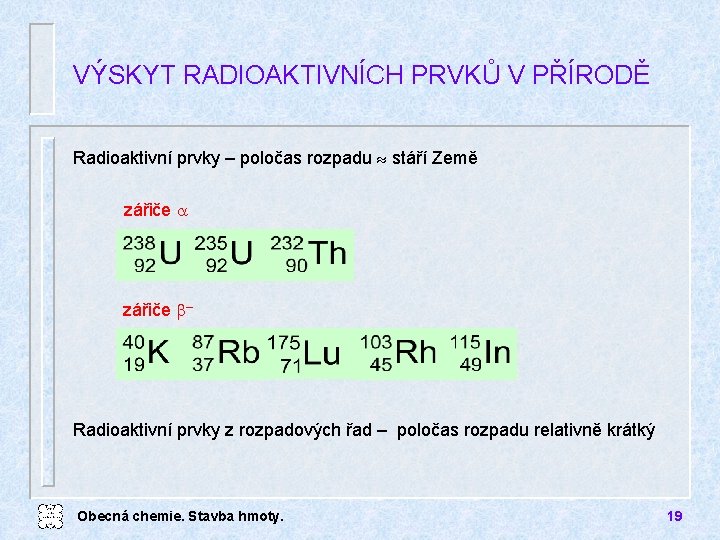 VÝSKYT RADIOAKTIVNÍCH PRVKŮ V PŘÍRODĚ Radioaktivní prvky – poločas rozpadu stáří Země zářiče –