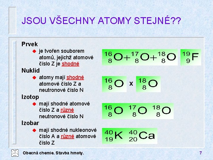 JSOU VŠECHNY ATOMY STEJNÉ? ? Prvek u je tvořen souborem atomů, jejichž atomové číslo