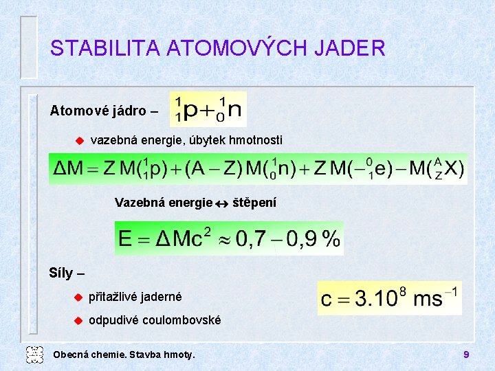 STABILITA ATOMOVÝCH JADER Atomové jádro – u vazebná energie, úbytek hmotnosti Vazebná energie štěpení