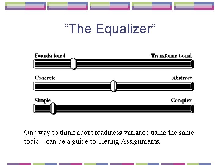 “The Equalizer” One way to think about readiness variance using the same topic –