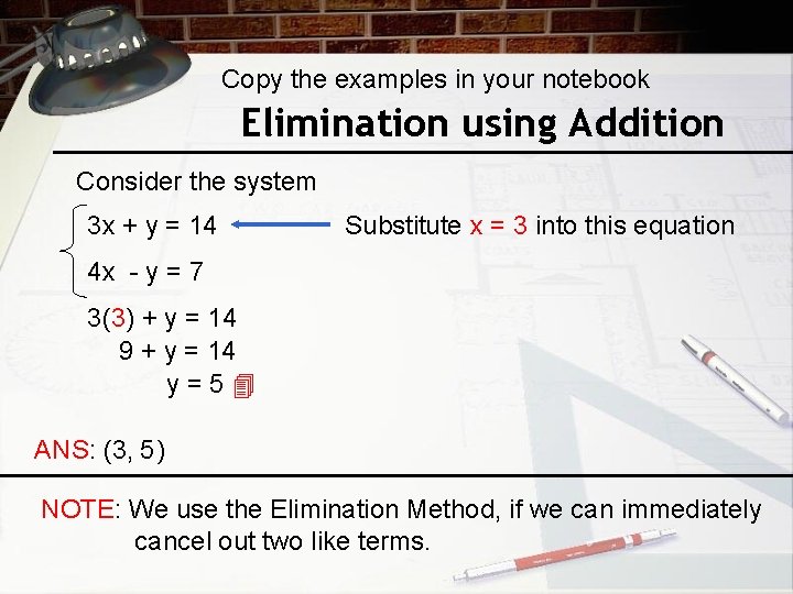 Copy the examples in your notebook Elimination using Addition Consider the system 3 x