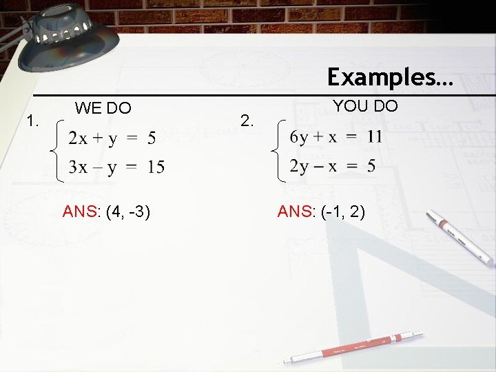 Examples… 1. WE DO ANS: (4, -3) 2. YOU DO ANS: (-1, 2) 