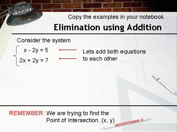 Copy the examples in your notebook Elimination using Addition Consider the system x -