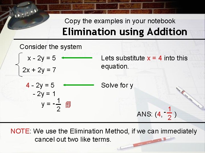 Copy the examples in your notebook Elimination using Addition Consider the system x -