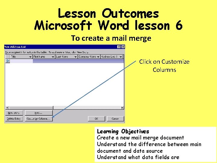 Lesson Outcomes Microsoft Word lesson 6 To create a mail merge Click on Customize