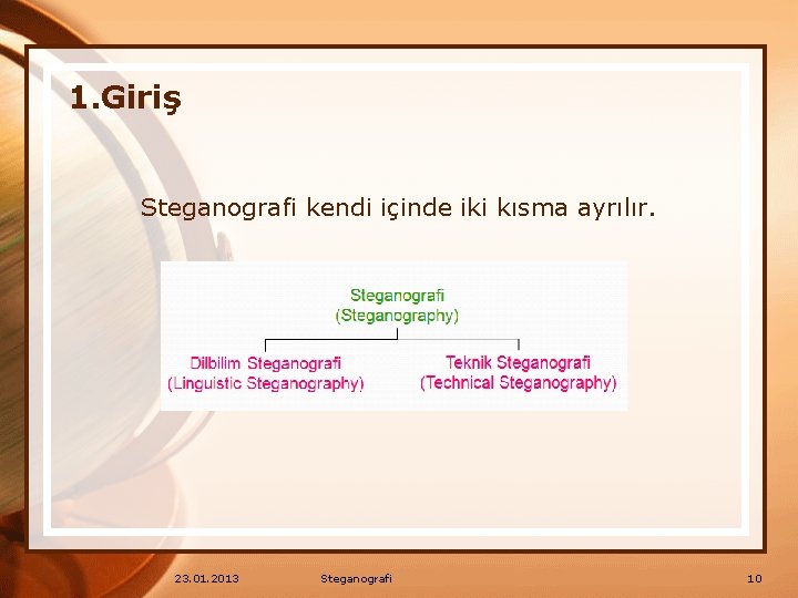 1. Giriş Steganografi kendi içinde iki kısma ayrılır. 23. 01. 2013 Steganografi 10 