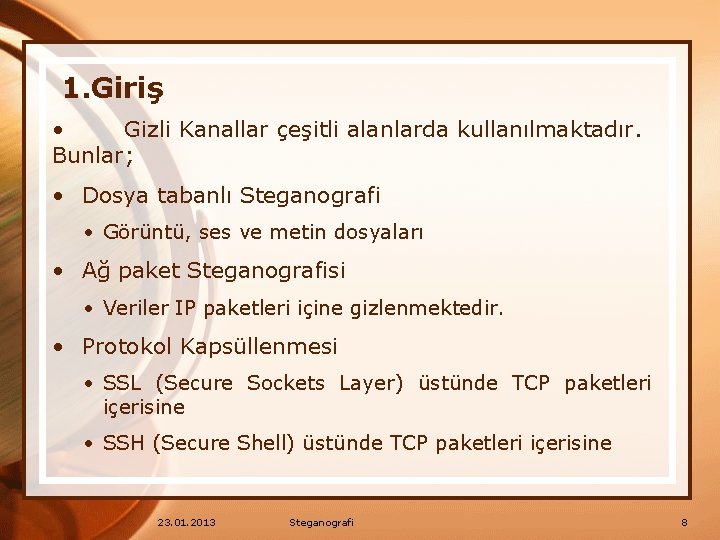 1. Giriş • Gizli Kanallar çeşitli alanlarda kullanılmaktadır. Bunlar; • Dosya tabanlı Steganografi •