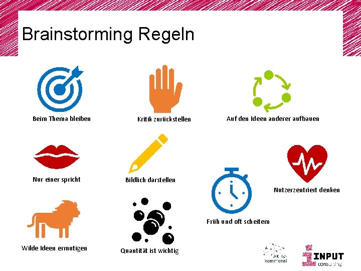 Brainstorming Regeln Beim Thema bleiben Nur einer spricht Kritik zurückstellen Auf den Ideen anderer