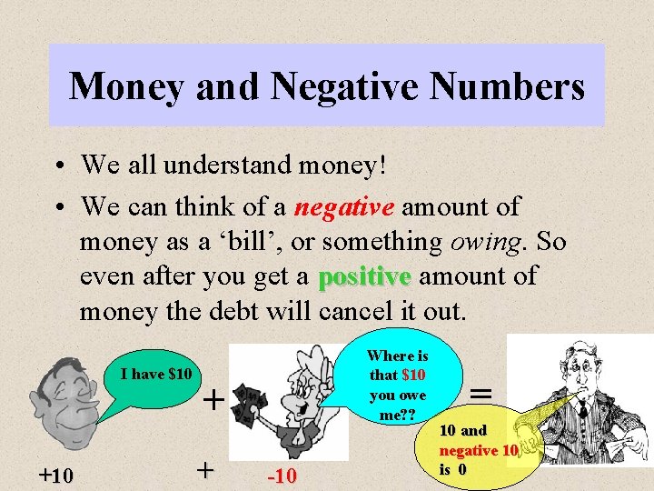 Money and Negative Numbers • We all understand money! • We can think of