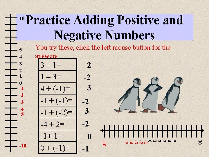 10 Practice Adding Positive and Negative Numbers 5 4 3 2 1 0 -1