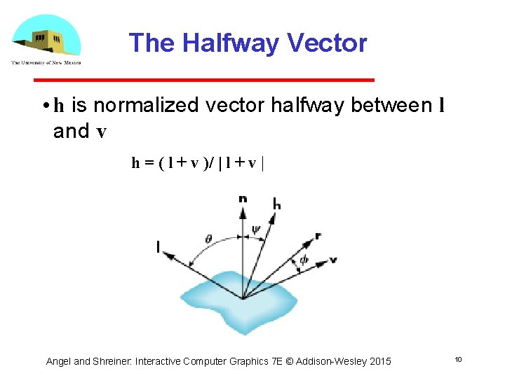The Halfway Vector • h is normalized vector halfway between l and v h