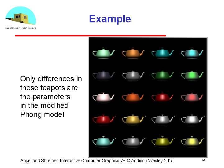 Example Only differences in these teapots are the parameters in the modified Phong model