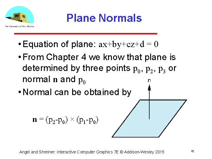 Plane Normals • Equation of plane: ax+by+cz+d = 0 • From Chapter 4 we