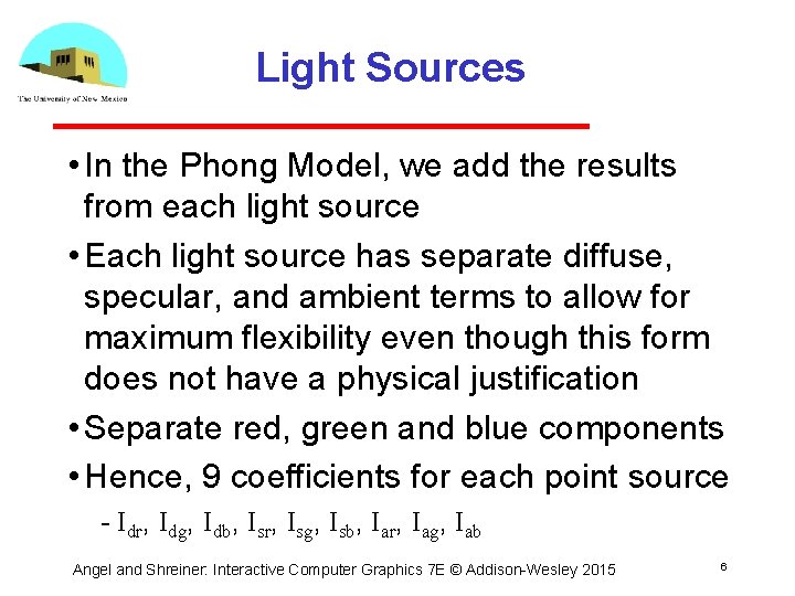 Light Sources • In the Phong Model, we add the results from each light