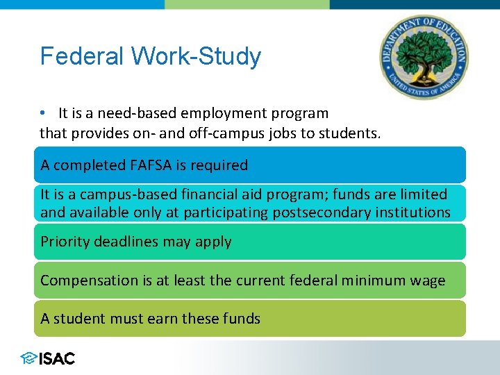 Federal Work-Study • It is a need-based employment program that provides on- and off-campus