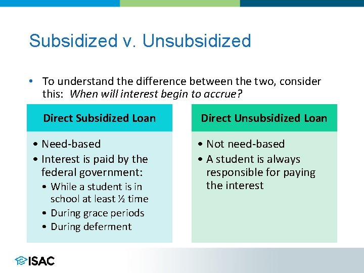 Subsidized v. Unsubsidized • To understand the difference between the two, consider this: When