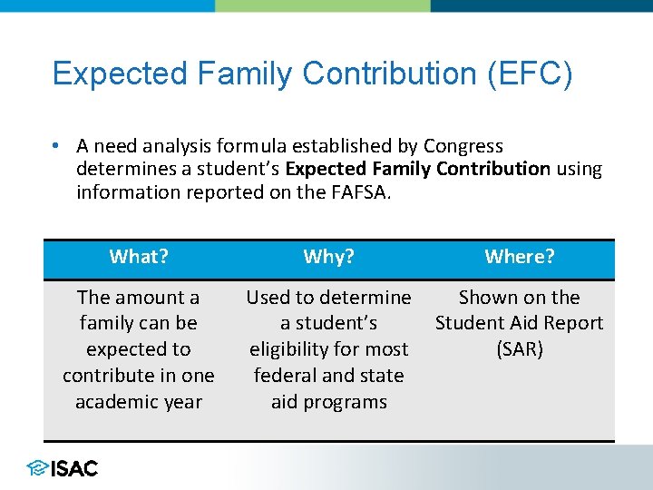 Expected Family Contribution (EFC) • A need analysis formula established by Congress determines a