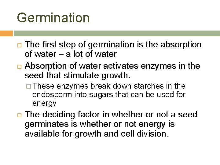 Germination The first step of germination is the absorption of water – a lot