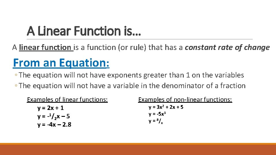 A Linear Function is… A linear function is a function (or rule) that has