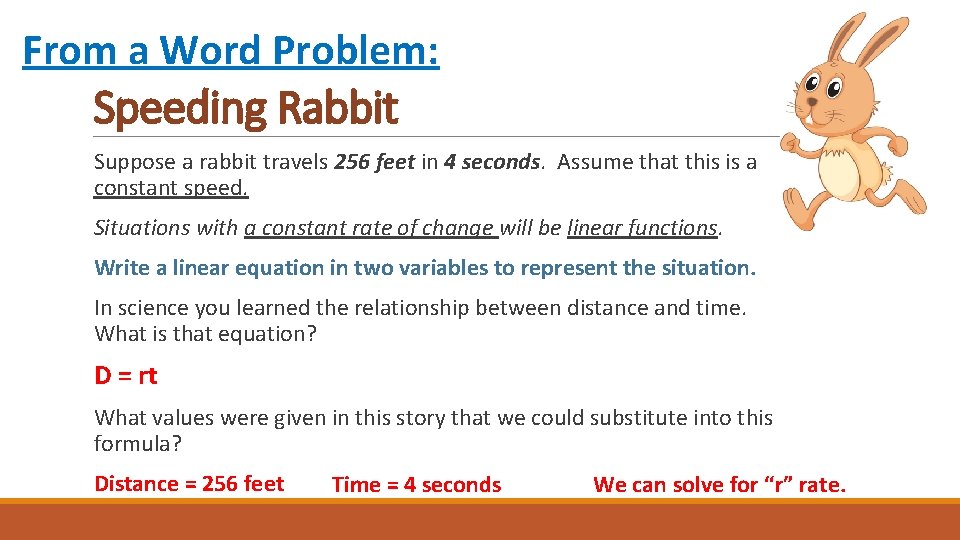 From a Word Problem: Speeding Rabbit Suppose a rabbit travels 256 feet in 4