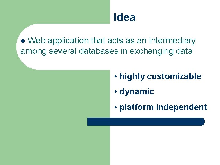 Idea Web application that acts as an intermediary among several databases in exchanging data Idea Web application that acts as an intermediary among several databases in exchanging data