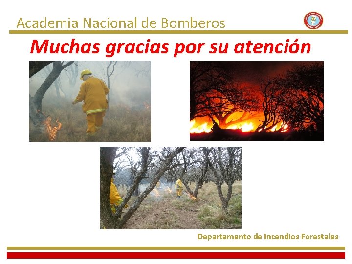 Academia Nacional de Bomberos Muchas gracias por su atención Departamento de Incendios Forestales 