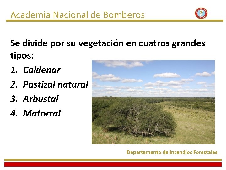 Academia Nacional de Bomberos Se divide por su vegetación en cuatros grandes tipos: 1.