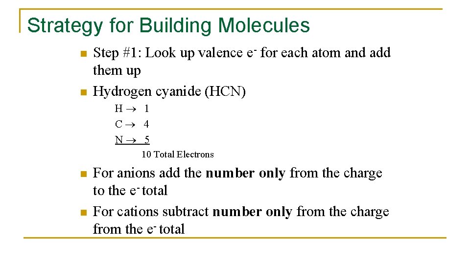 Strategy for Building Molecules n n Step #1: Look up valence e- for each