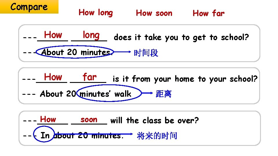 Compare How long How soon How far How _______ long ---______ does it take