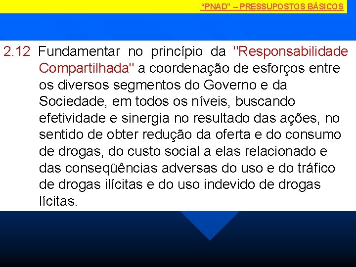 “PNAD” – PRESSUPOSTOS BÁSICOS 2. 12 Fundamentar no princípio da "Responsabilidade Compartilhada" a coordenação