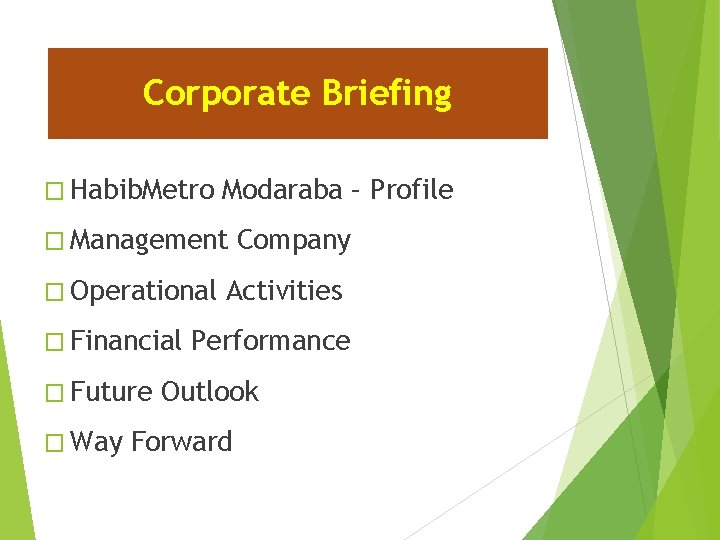 Corporate Briefing � Habib. Metro Modaraba – Profile � Management � Operational � Financial