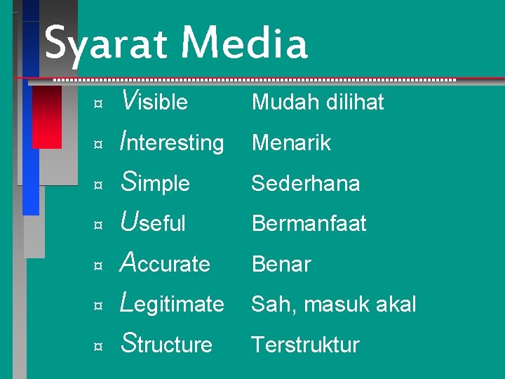 Syarat Media ¤ ¤ ¤ ¤ Visible Interesting Simple Useful Accurate Legitimate Structure Mudah