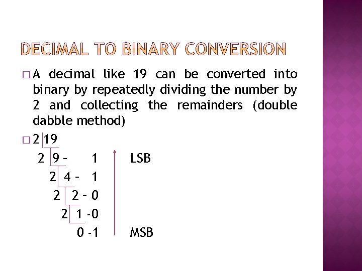 �A decimal like 19 can be converted into binary by repeatedly dividing the number �A decimal like 19 can be converted into binary by repeatedly dividing the number
