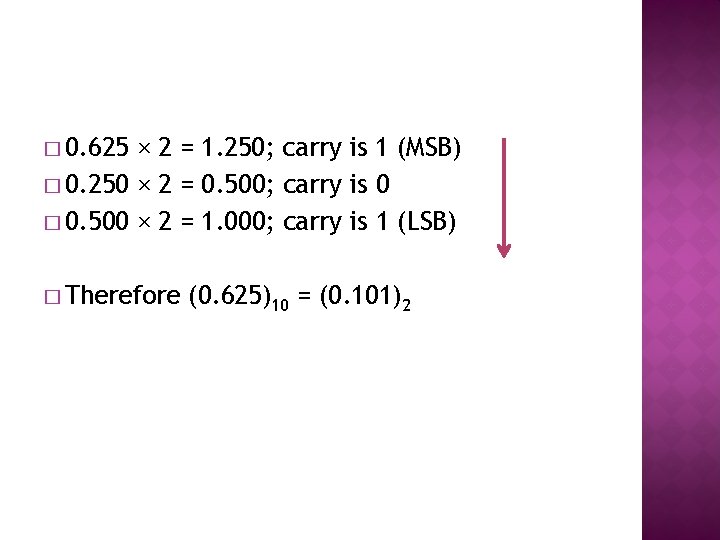 � 0. 625 × 2 = 1. 250; carry is 1 (MSB) � 0. � 0. 625 × 2 = 1. 250; carry is 1 (MSB) � 0.