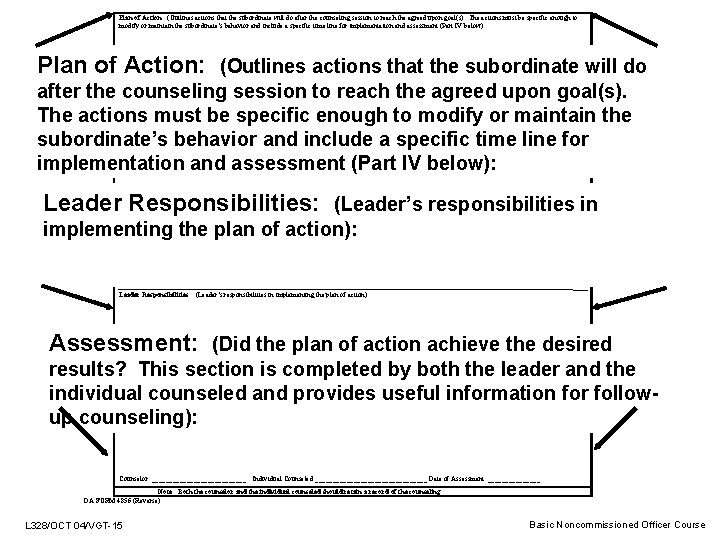 Plan of Action: (Outlines actions that the subordinate will do after the counseling session