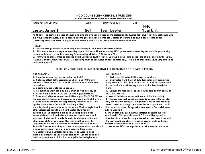 NCO COUNSELING CHECKLIST/RECORD For use of this form, see AR 623 -205; the proponent