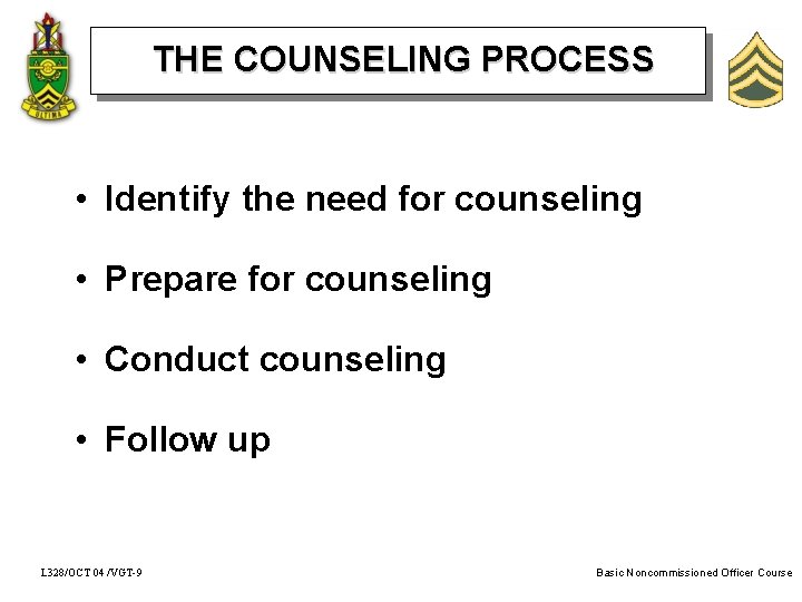 THE COUNSELING PROCESS • Identify the need for counseling • Prepare for counseling •