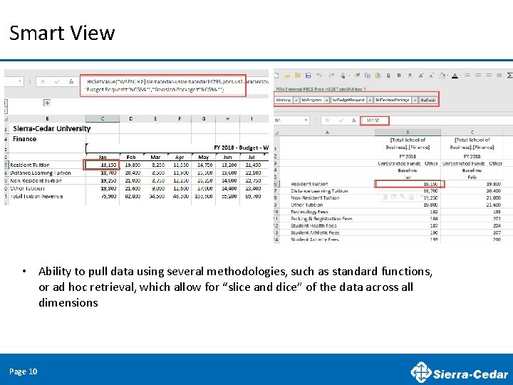 Smart View • Ability to pull data using several methodologies, such as standard functions,