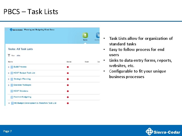 PBCS – Task Lists • Task Lists allow for organization of standard tasks •