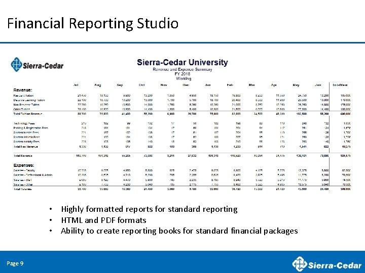 Financial Reporting Studio • Highly formatted reports for standard reporting • HTML and PDF