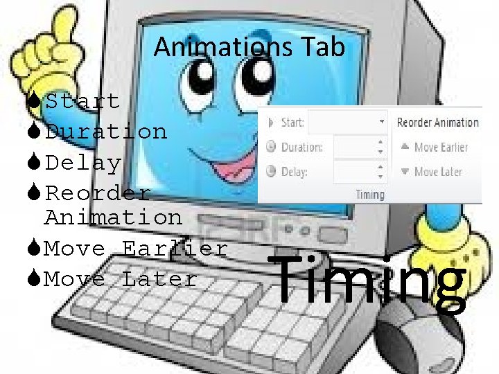 Animations Tab Start Duration Delay Reorder Animation Move Earlier Move Later Timing 