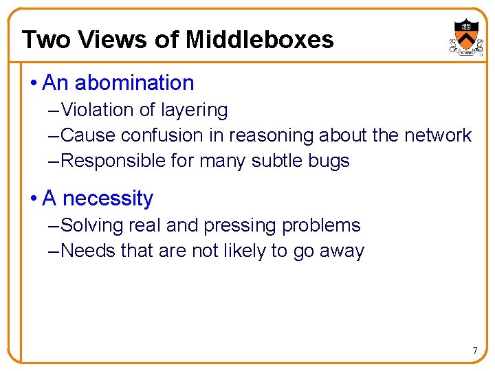 Two Views of Middleboxes • An abomination – Violation of layering – Cause confusion