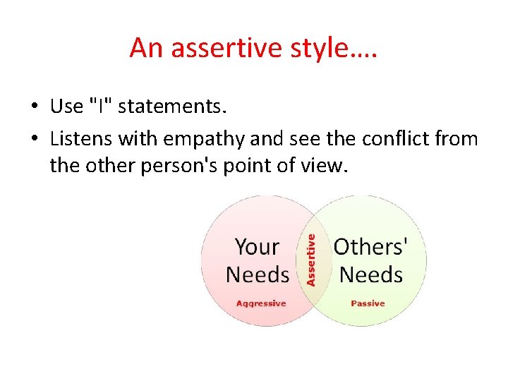 An assertive style…. • Use "I" statements. • Listens with empathy and see the