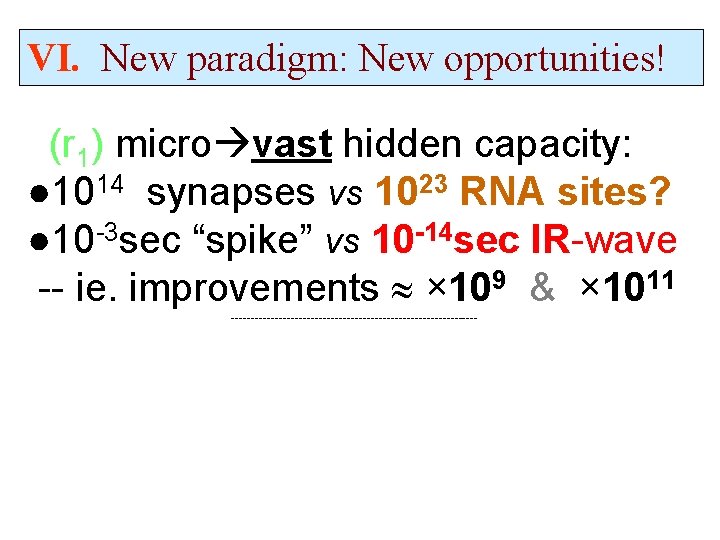 VI. New paradigm: New opportunities! (r 1) micro vast hidden capacity: ● 1014 synapses